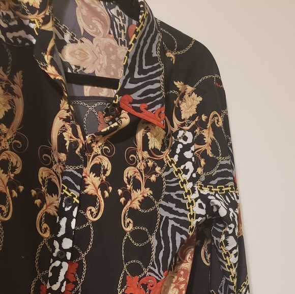 Black print long sleeve blouse shirt button down - Picture 6 of 6